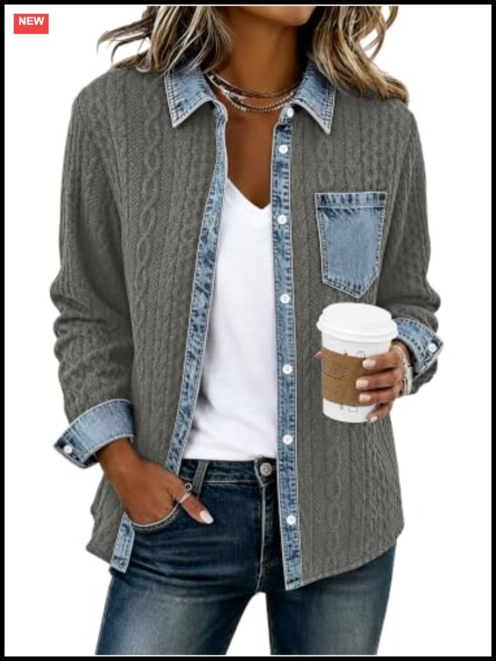 Womens Loose Fit Denim Patchwork Button Down Shacket Long Sleeve Jacket